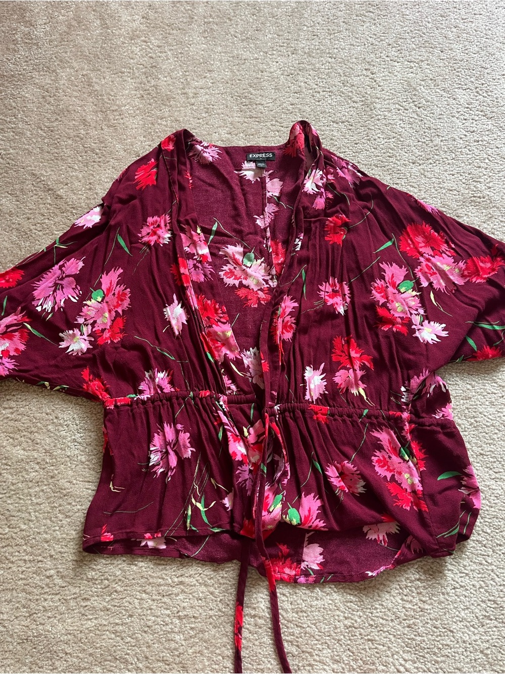 Express Burgundy Floral Drawstring Peplum Blouse